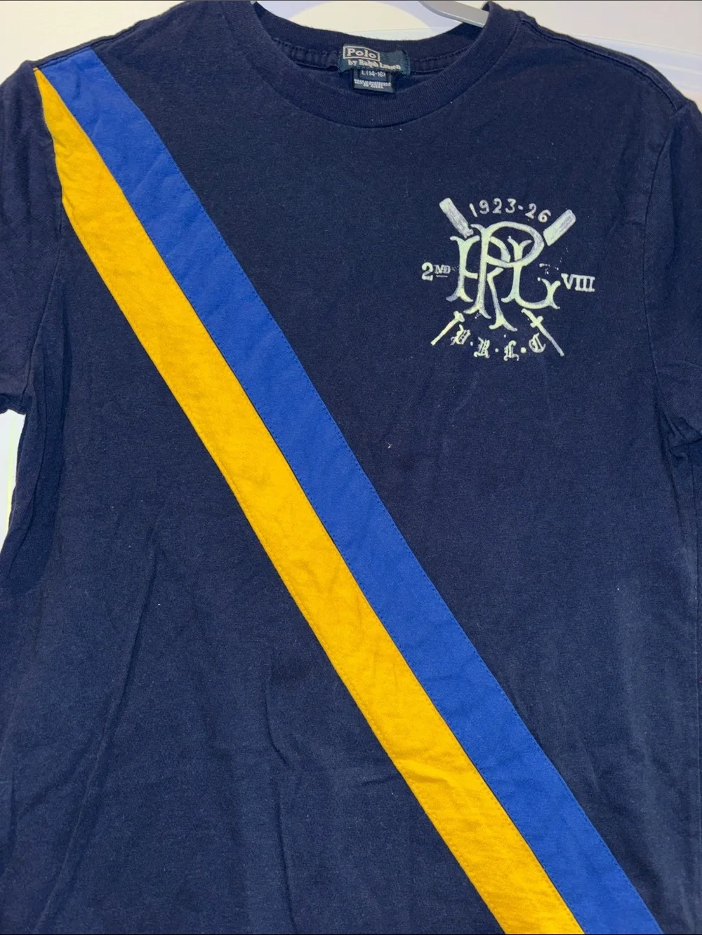 Ralph Lauren Navy Tee with Blue and Yellow Diagonal Stripes and Crest